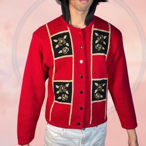 Vintage Red Cardigan Floral Y2K Sweater Embroidered Beaded Top Light Jacket